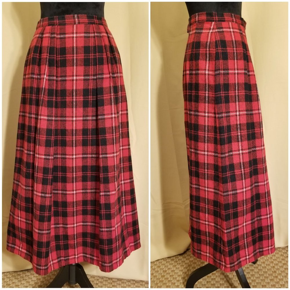 OOAK Vintage Midcentury '50s-'70s, Handmade, Red Plaid Wool/WBlend Pleated Skirt